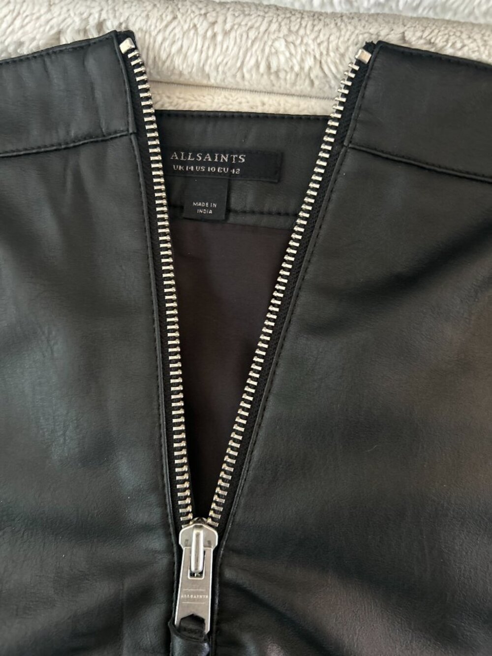 ALLSAINTS Black Faux Leather Mini Skirt US 10 Zipper Accent Lined Biker Style - Picture 2 of 10